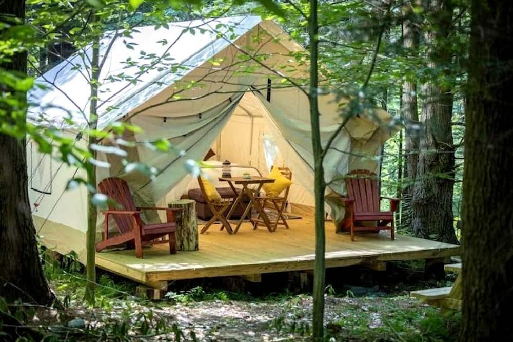Broadalbin RV Rental | Spacious Group Glamping Site with Safari Tents, BBQ Gazebo, Fire Pits, Forest Trails in Broadalbin, New York