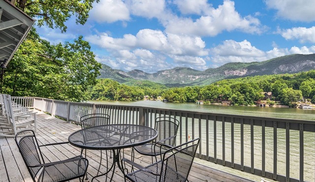 Lake front cottage with pontoon boat in Lake Lure