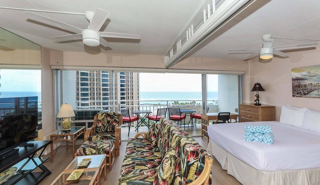 One-Bedroom Deluxe (Renovated) Unit with a view of the Duke Kahanamoku Lagoon and Waikiki Beach