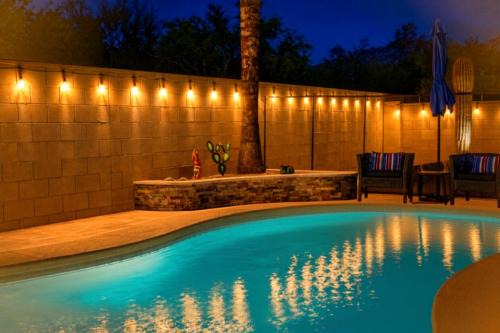Private Pool & Waterfall Evening Lights in Oro Valley