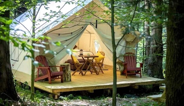 Spacious Group Glamping Site with Safari Tents, BBQ Gazebo, Fire Pits, Forest Trails in Broadalbin, New York